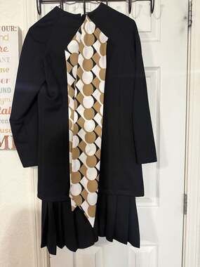 Vintage Julie Miller Black Mod Shift Dress Geometric Scarf Neck Pleated Hem Retr